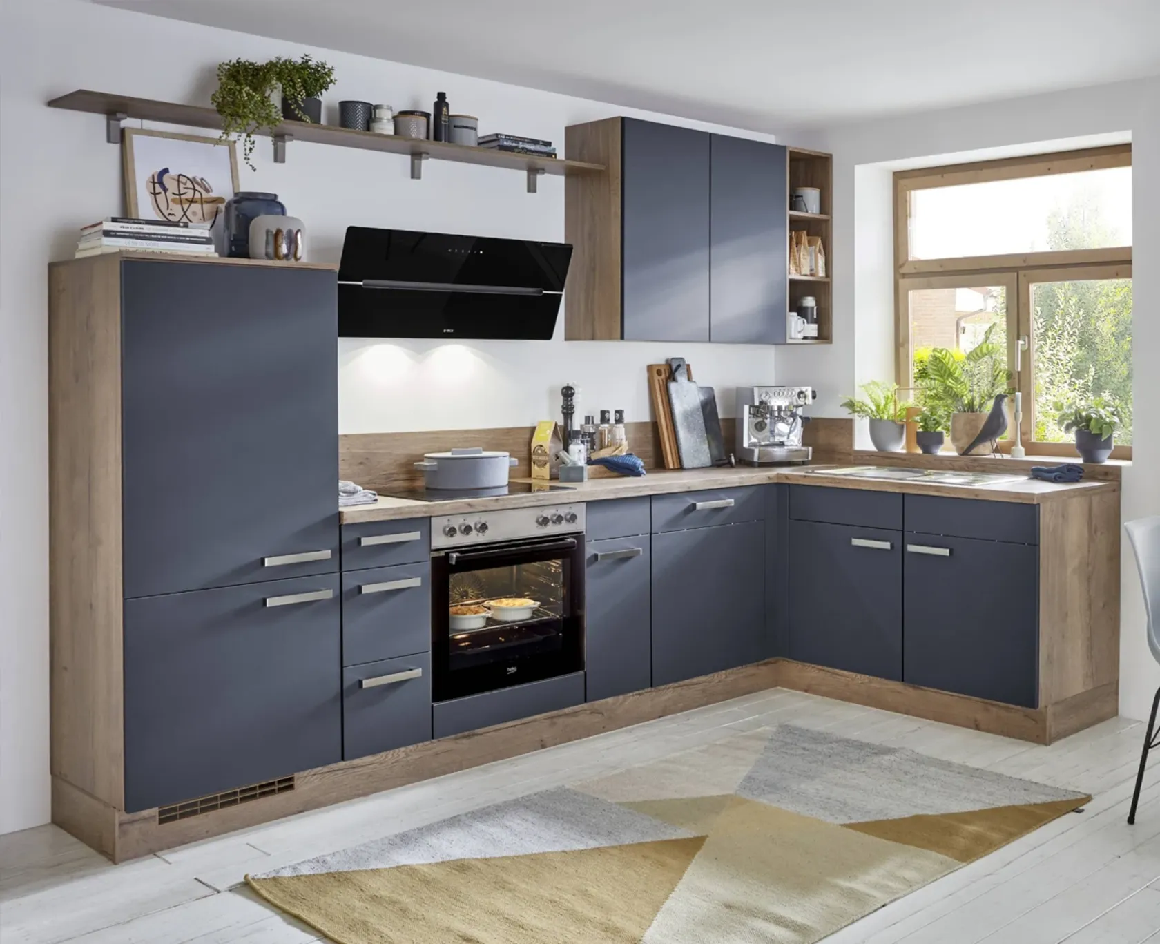 KUBE Easytouch modern l-shape kitchen in Fjord Blue