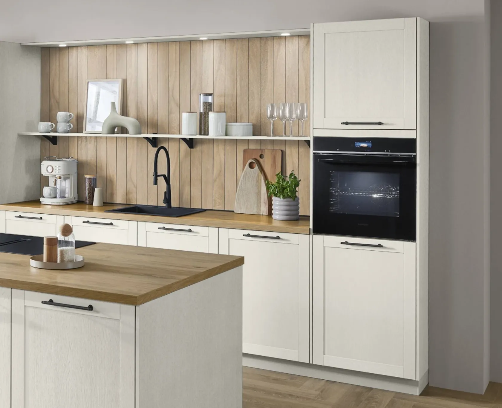 KUBE Frame modern country kitchen in White with wooden worktops